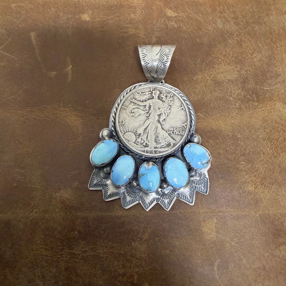 1942 Silver Walking Liberty Coin with Golden Hill Turquoise Navajo Handmade BJA